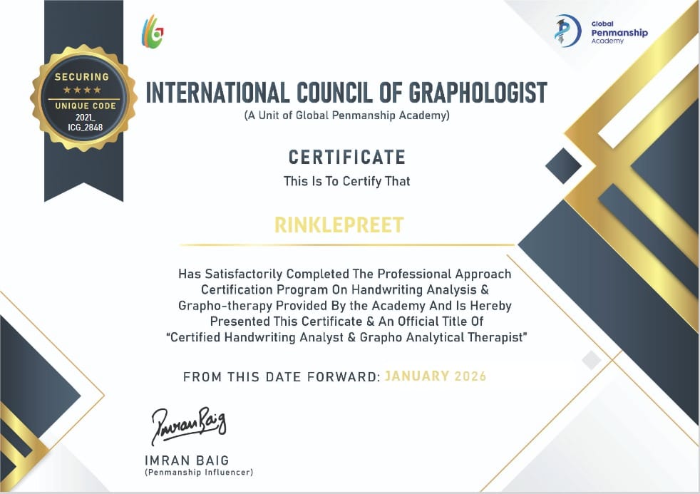 Original Rinklepreet handwriting analysis and grapho-therapy professional certificate, January 2026